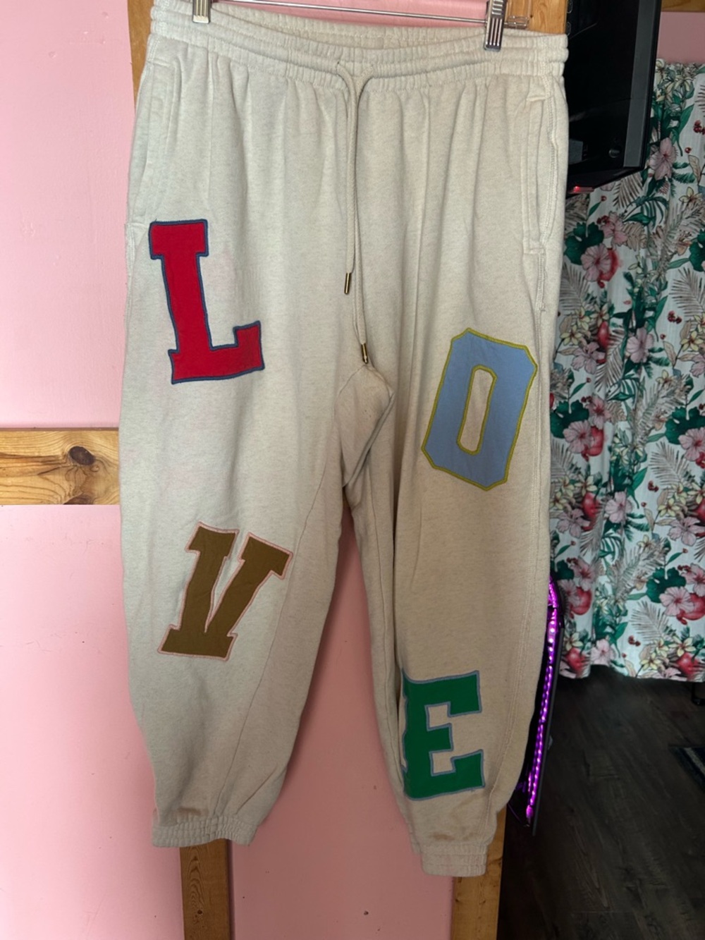 aerie Cream Joggers with Multicolor 'LOVE' Letter Patches